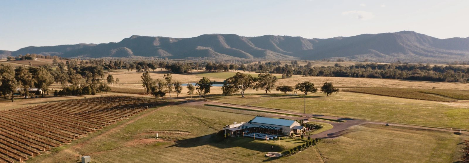 Bimbadgen Palmers Lane from the air: the reception room, the lawn, the vines, the dam and the Brokenback Range