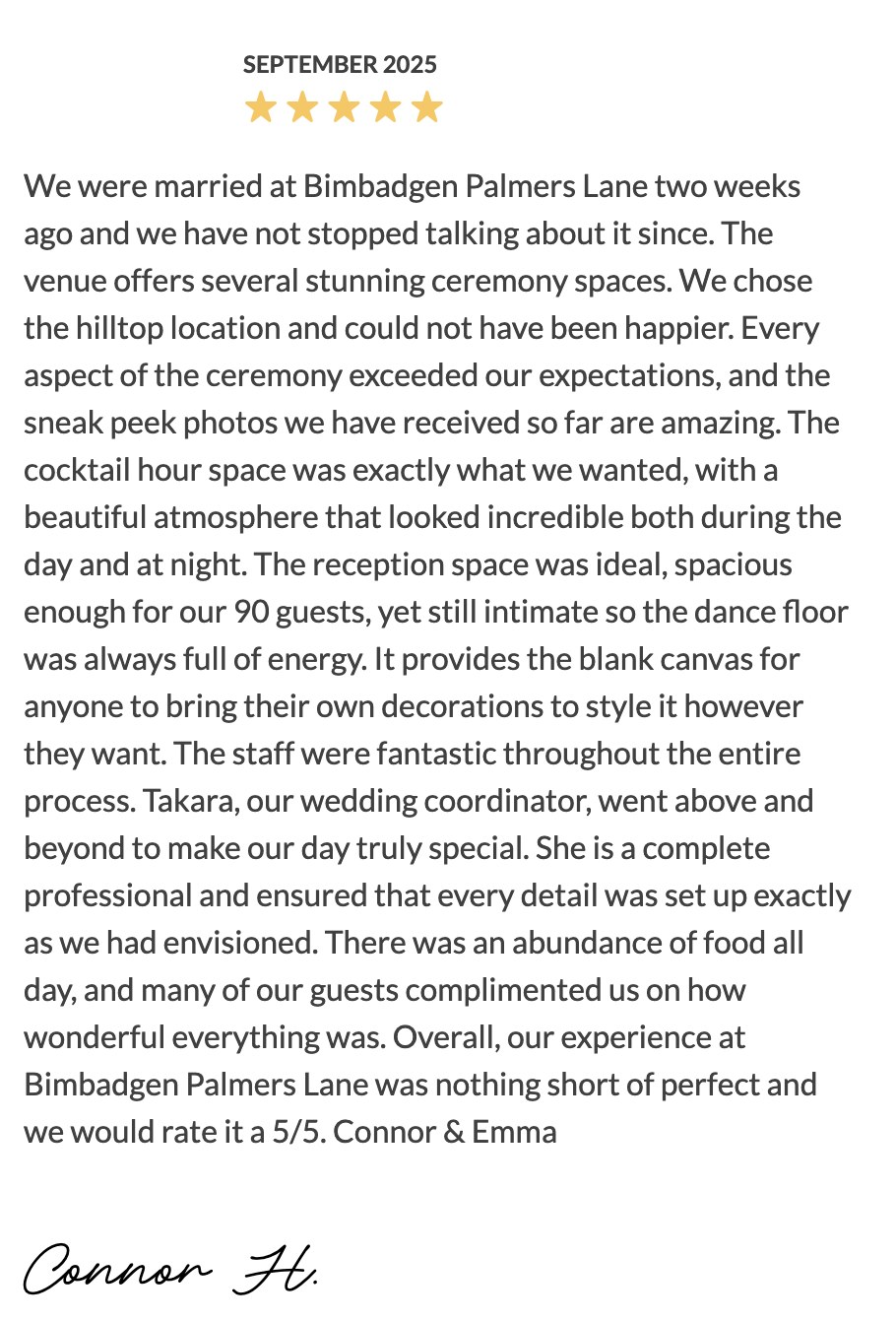 Five-star Easy Weddings review from Connor H.